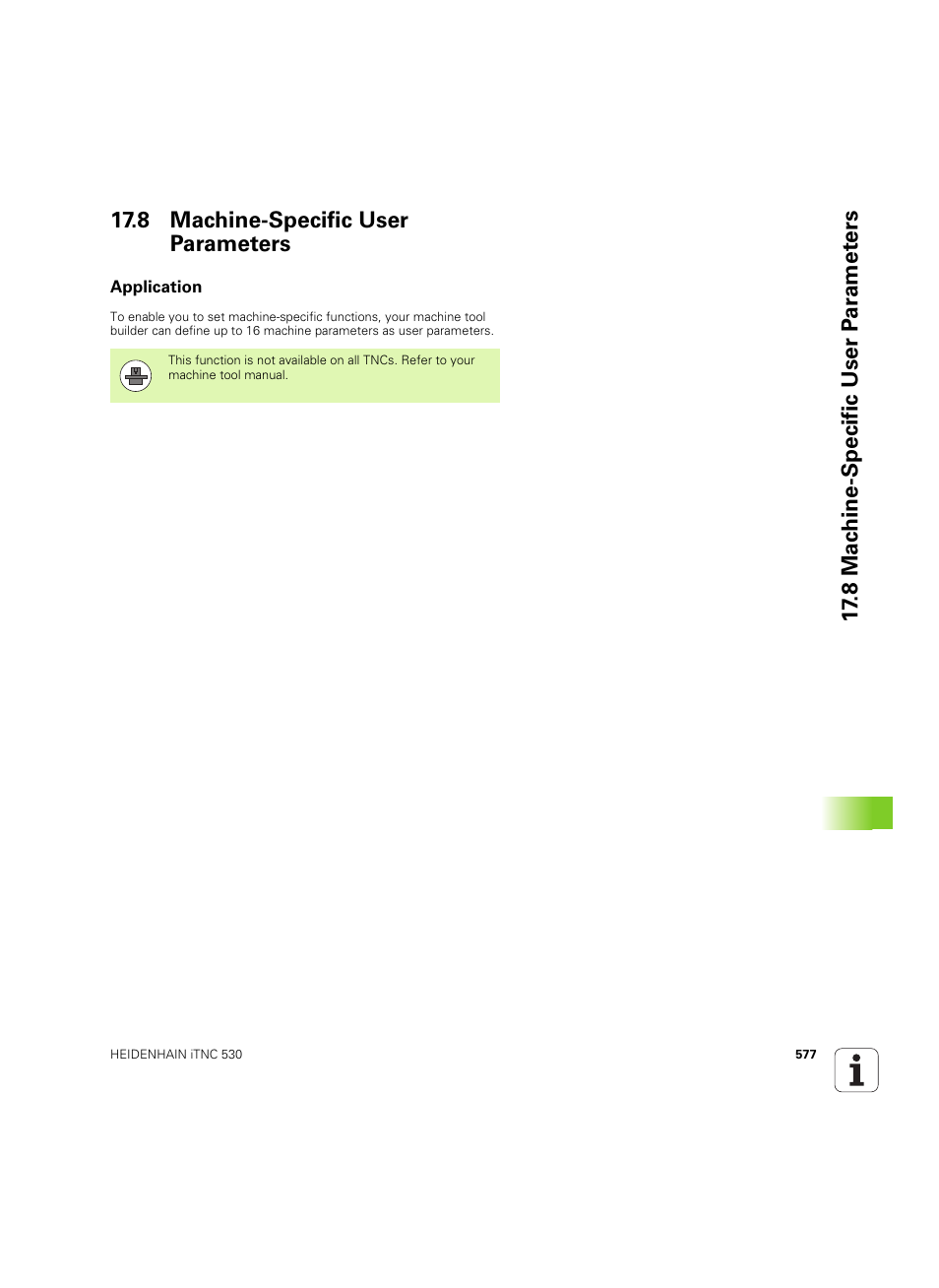 8 machine-specific user parameters, Application | HEIDENHAIN iTNC 530 (606 42x-02) ISO programming User Manual | Page 577 / 648