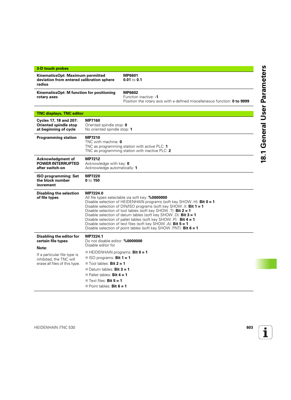 18 .1 gener a l user p a ra met e rs | HEIDENHAIN iTNC 530 (606 42x-02) ISO programming User Manual | Page 603 / 648