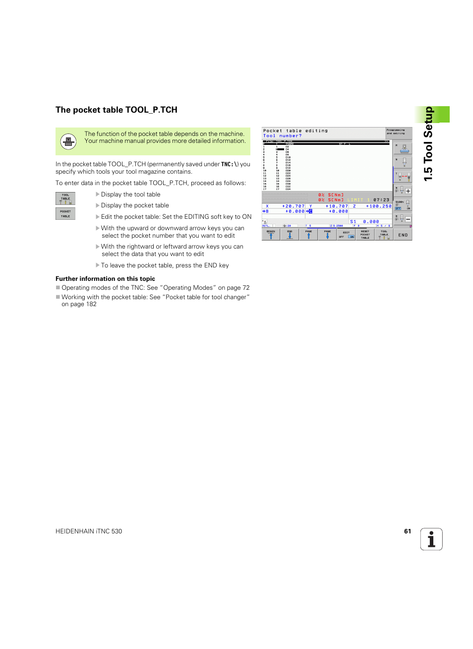 The pocket table tool_p.tch | HEIDENHAIN iTNC 530 (606 42x-02) ISO programming User Manual | Page 61 / 648