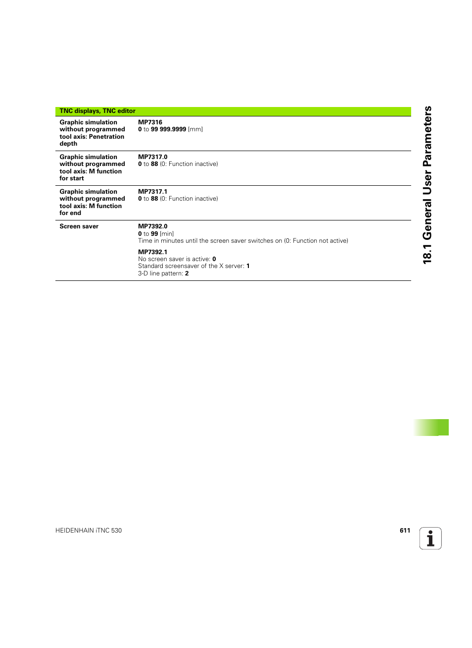 18 .1 gener a l user p a ra met e rs | HEIDENHAIN iTNC 530 (606 42x-02) ISO programming User Manual | Page 611 / 648