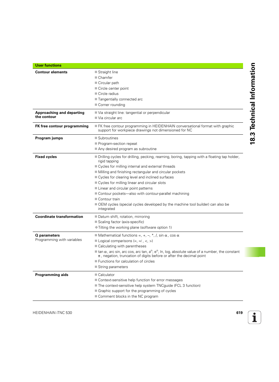 18 .3 t e c hnical inf o rm ation | HEIDENHAIN iTNC 530 (606 42x-02) ISO programming User Manual | Page 619 / 648