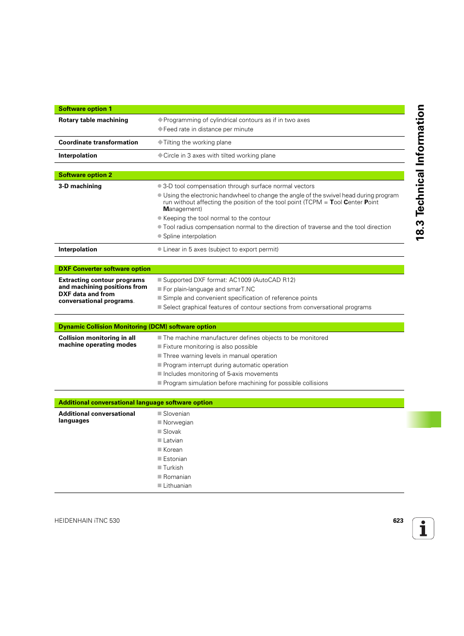 18 .3 t e c hnical inf o rm ation | HEIDENHAIN iTNC 530 (606 42x-02) ISO programming User Manual | Page 623 / 648