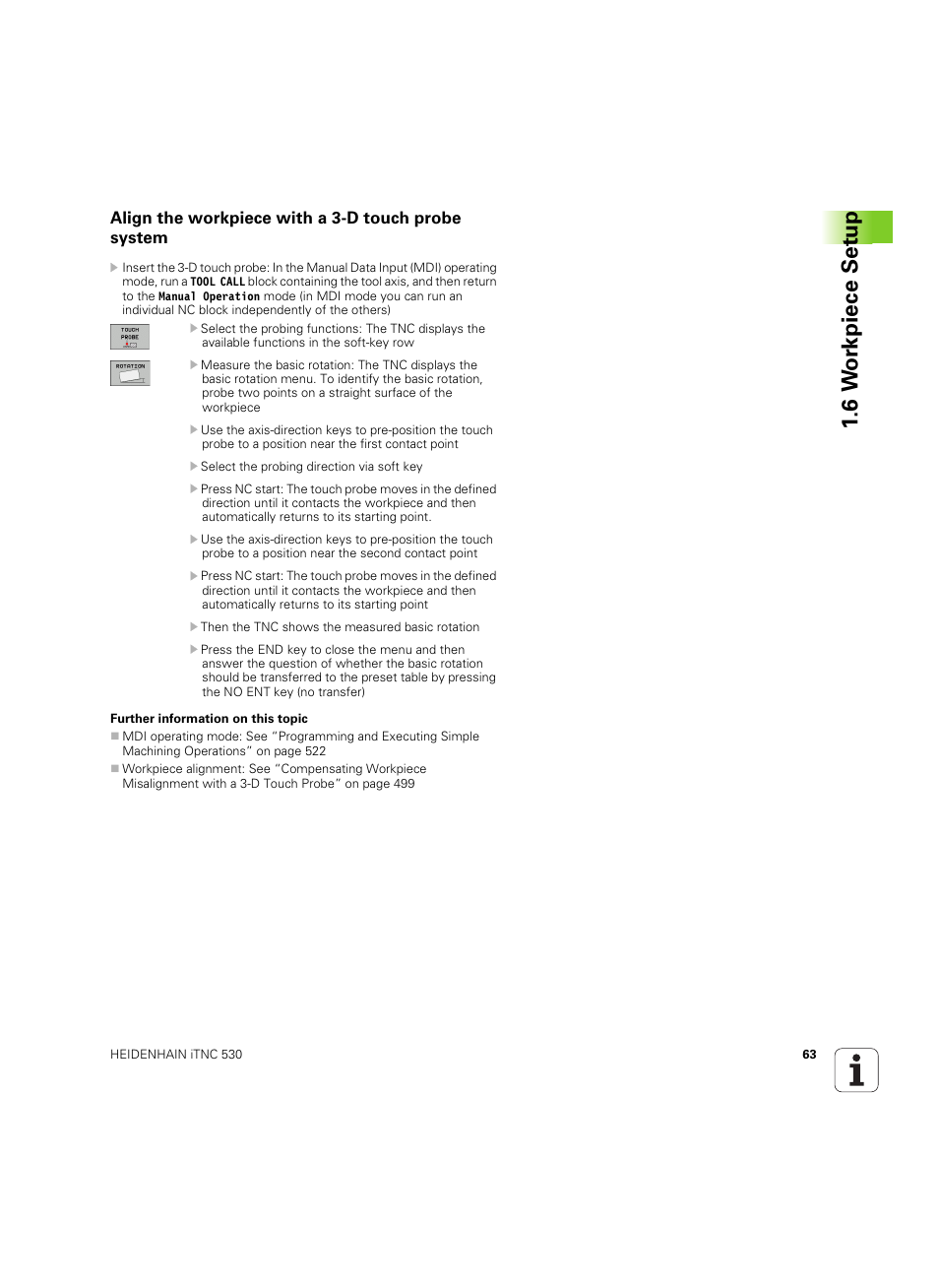 Align the workpiece with a 3-d touch probe system, 6 w o rk piece set u p | HEIDENHAIN iTNC 530 (606 42x-02) ISO programming User Manual | Page 63 / 648