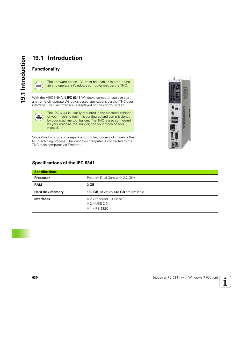 1 introduction, Functionality, Specifications of the ipc 6341 | HEIDENHAIN iTNC 530 (606 42x-02) ISO programming User Manual | Page 630 / 648