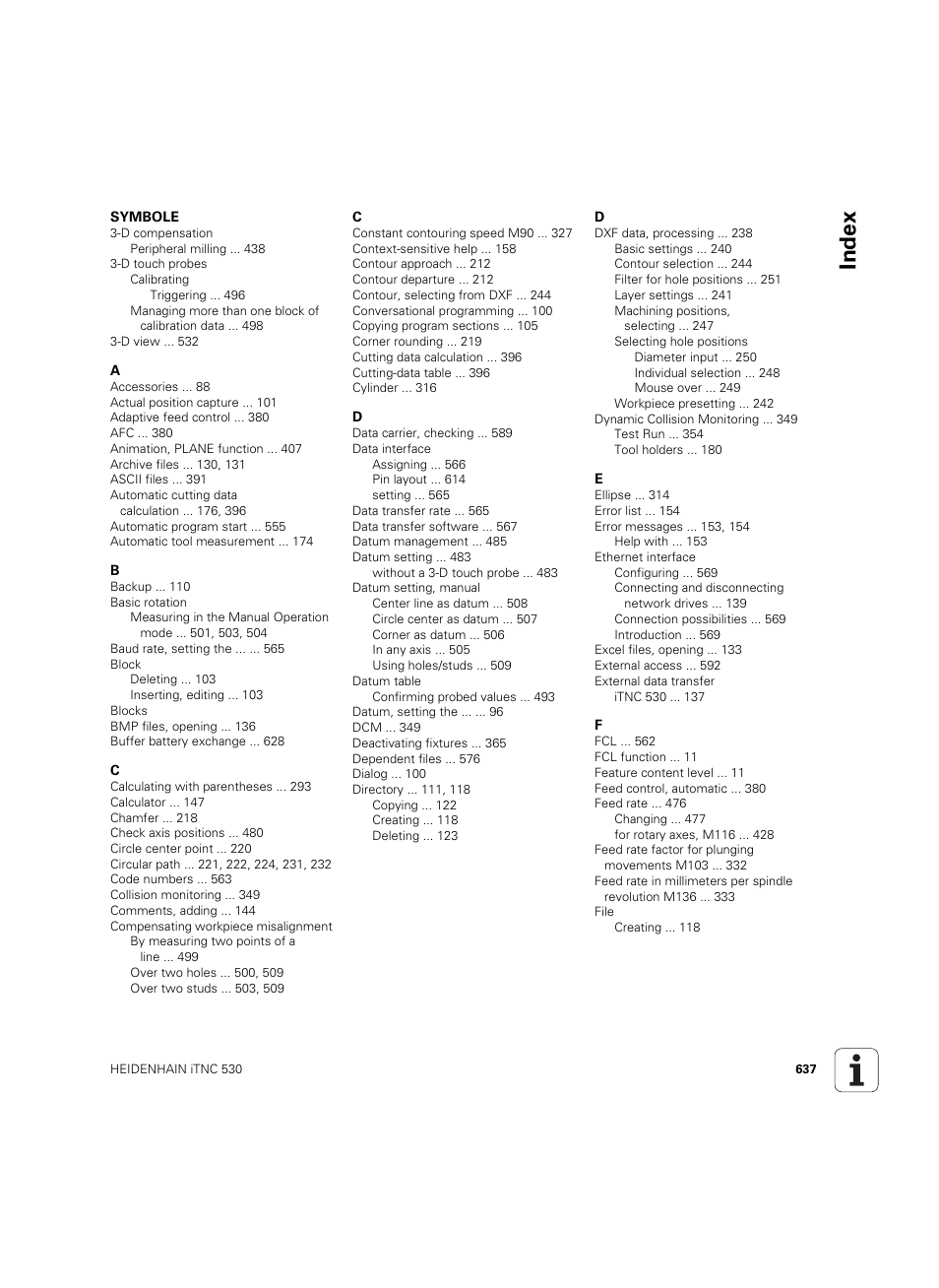 Index | HEIDENHAIN iTNC 530 (606 42x-02) ISO programming User Manual | Page 637 / 648