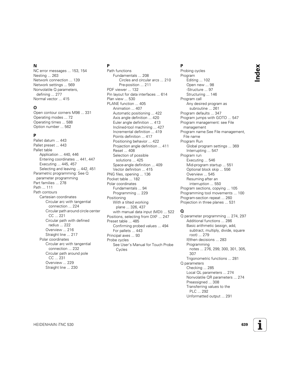 Index | HEIDENHAIN iTNC 530 (606 42x-02) ISO programming User Manual | Page 639 / 648