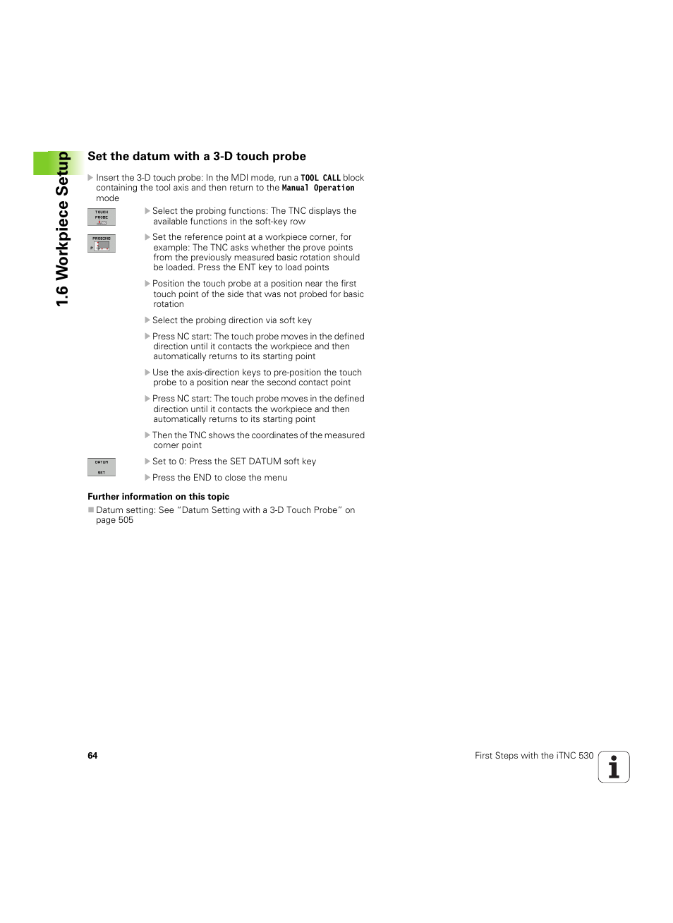 Set the datum with a 3-d touch probe, 6 w o rk piece set u p | HEIDENHAIN iTNC 530 (606 42x-02) ISO programming User Manual | Page 64 / 648