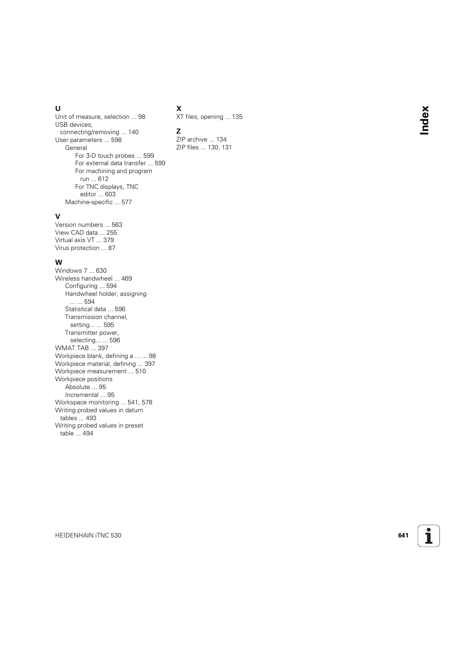 Index | HEIDENHAIN iTNC 530 (606 42x-02) ISO programming User Manual | Page 641 / 648