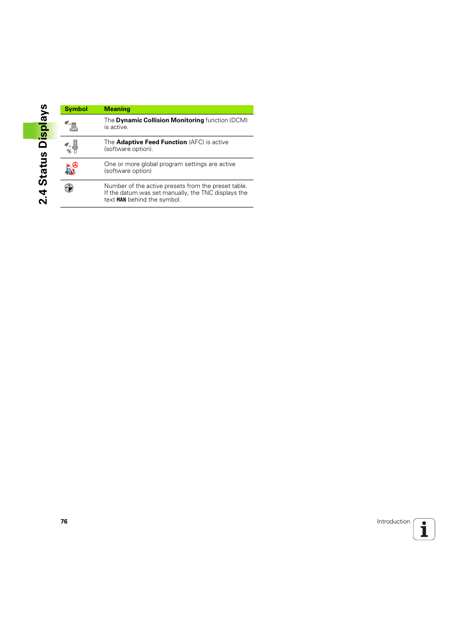 4 stat us displa ys | HEIDENHAIN iTNC 530 (606 42x-02) ISO programming User Manual | Page 76 / 648