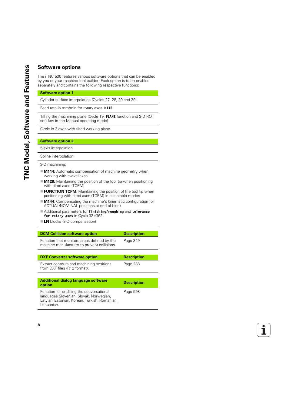 Software options, Tnc model, sof tw a re and f eat ur es | HEIDENHAIN iTNC 530 (606 42x-02) ISO programming User Manual | Page 8 / 648