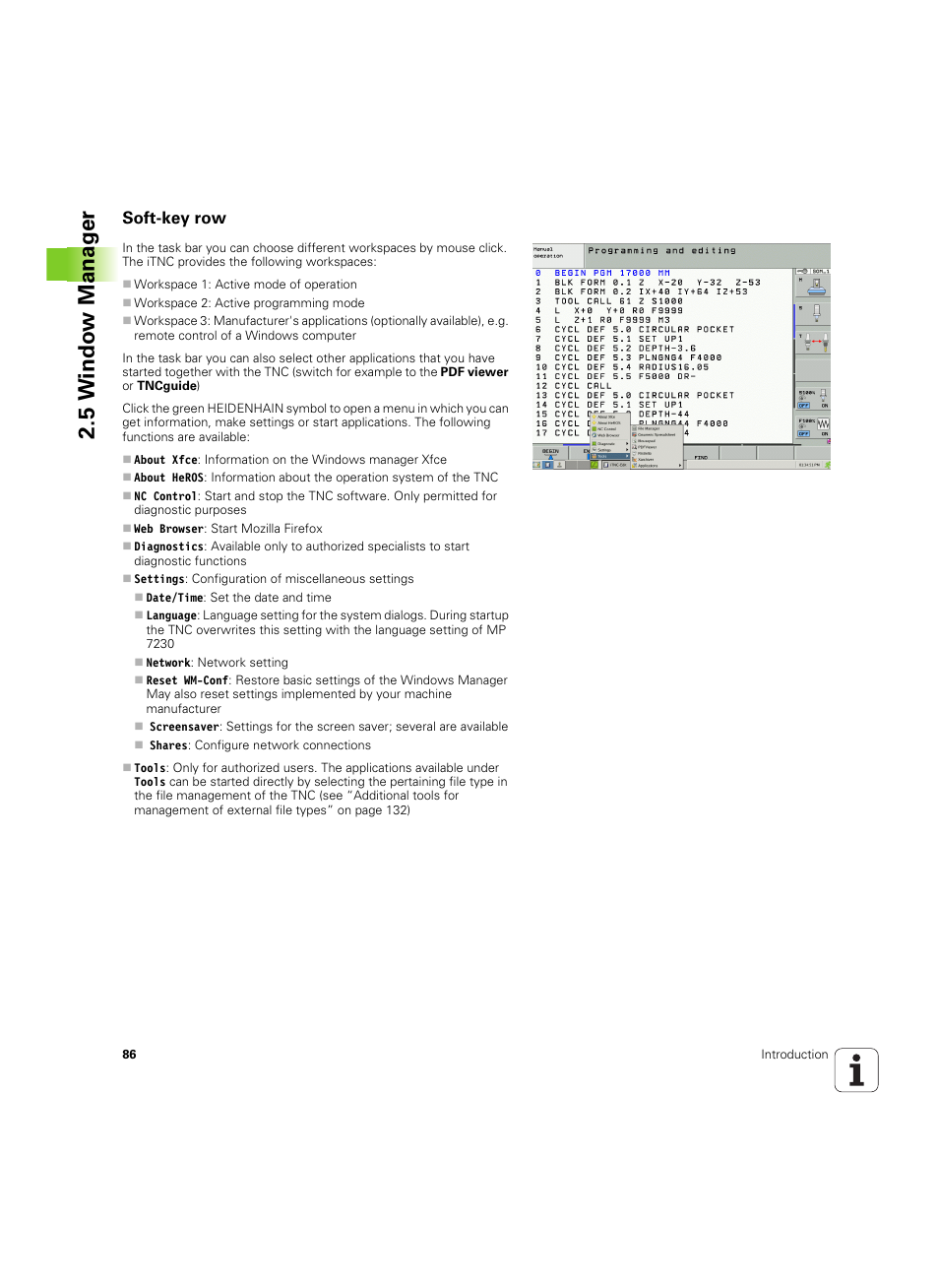 Soft-key row, 5 windo w manag e r | HEIDENHAIN iTNC 530 (606 42x-02) ISO programming User Manual | Page 86 / 648