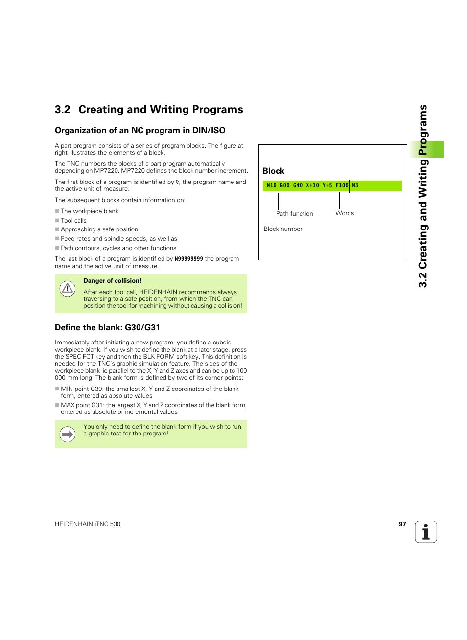 2 creating and writing programs, Organization of an nc program in din/iso, Define the blank: g30/g31 | HEIDENHAIN iTNC 530 (606 42x-02) ISO programming User Manual | Page 97 / 648