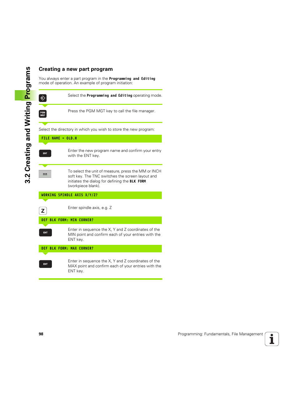 Creating a new part program, 2 cr eating and w riting pr ogr a ms | HEIDENHAIN iTNC 530 (606 42x-02) ISO programming User Manual | Page 98 / 648