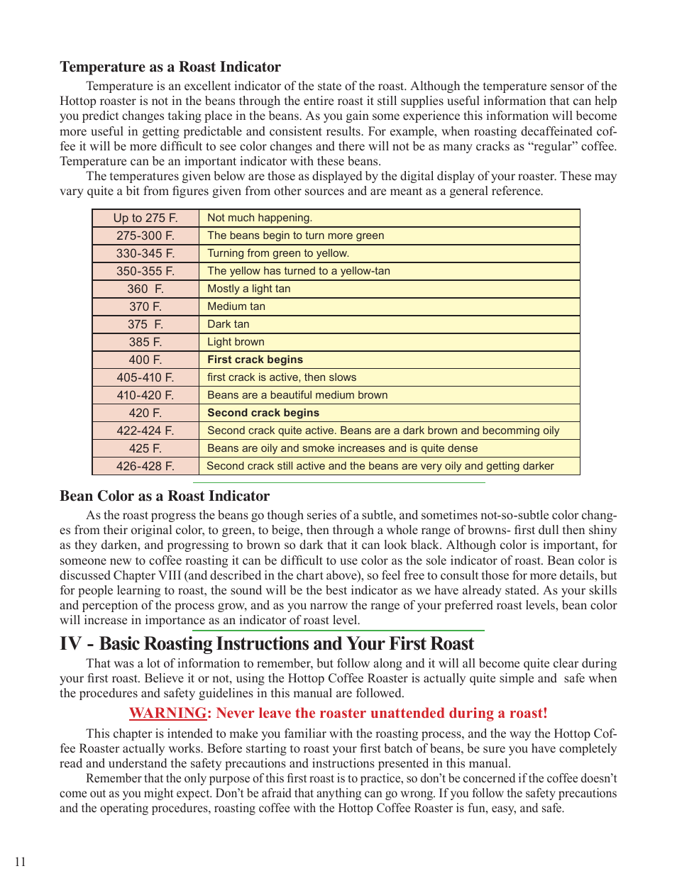 Bean color as a roast indicator, Temperature as a roast indicator | Chang Yue Industrial KN-8828P User Manual | Page 11 / 44