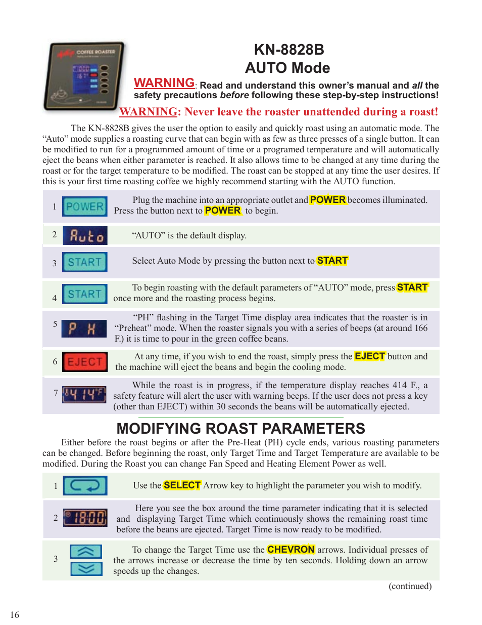 Kn-8828b auto mode, Modifying roast parameters, Warning | Chang Yue Industrial KN-8828P User Manual | Page 16 / 44