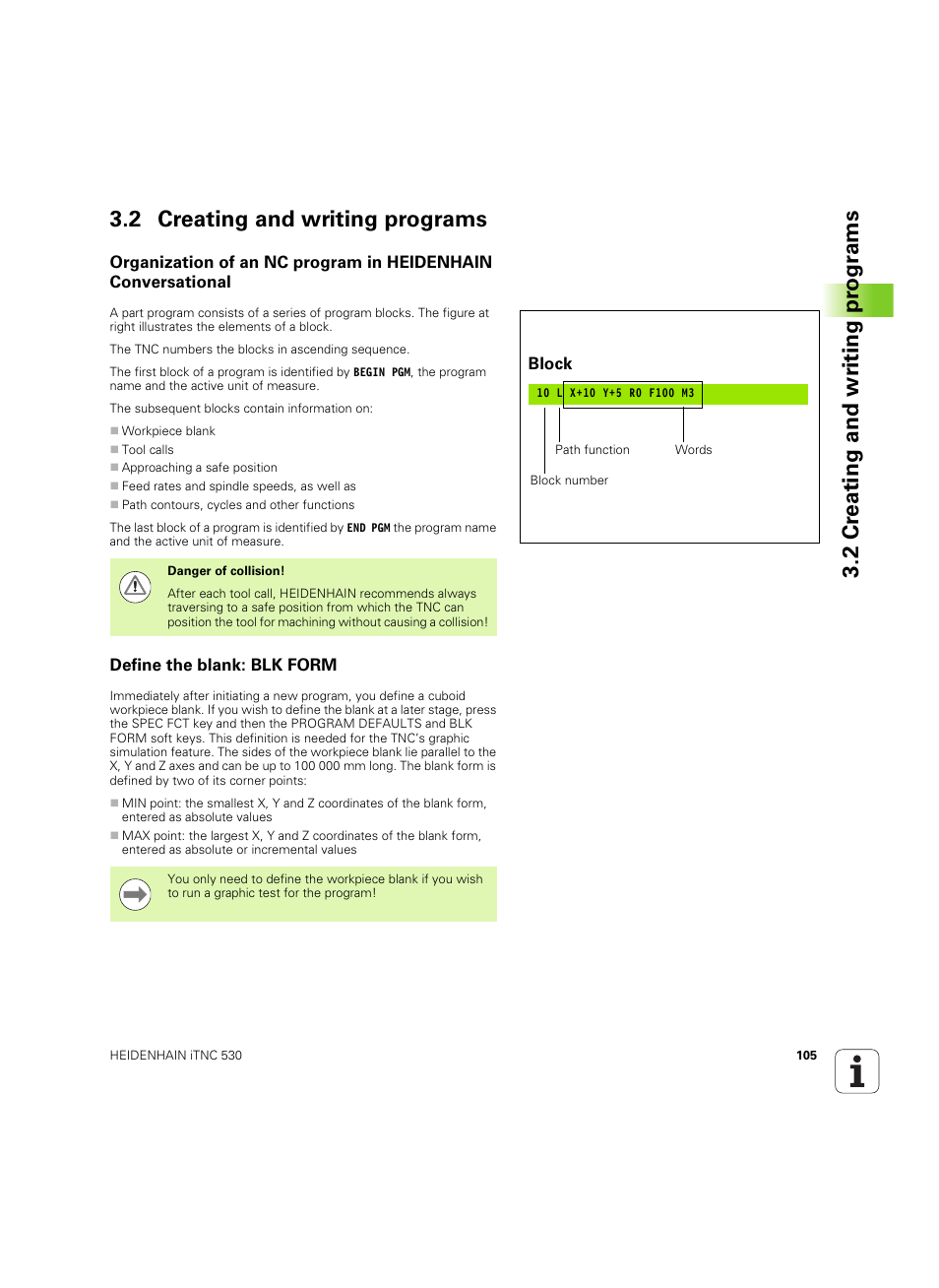 2 creating and writing programs, Define the blank: blk form | HEIDENHAIN iTNC 530 (60642x-03) User Manual | Page 105 / 735