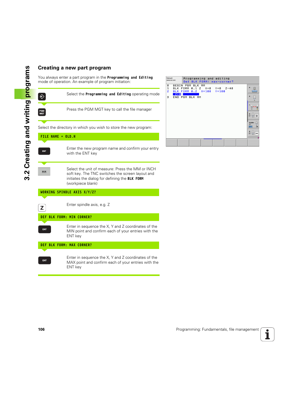 Creating a new part program, 2 cr eating and wr iting pr ogr a ms | HEIDENHAIN iTNC 530 (60642x-03) User Manual | Page 106 / 735