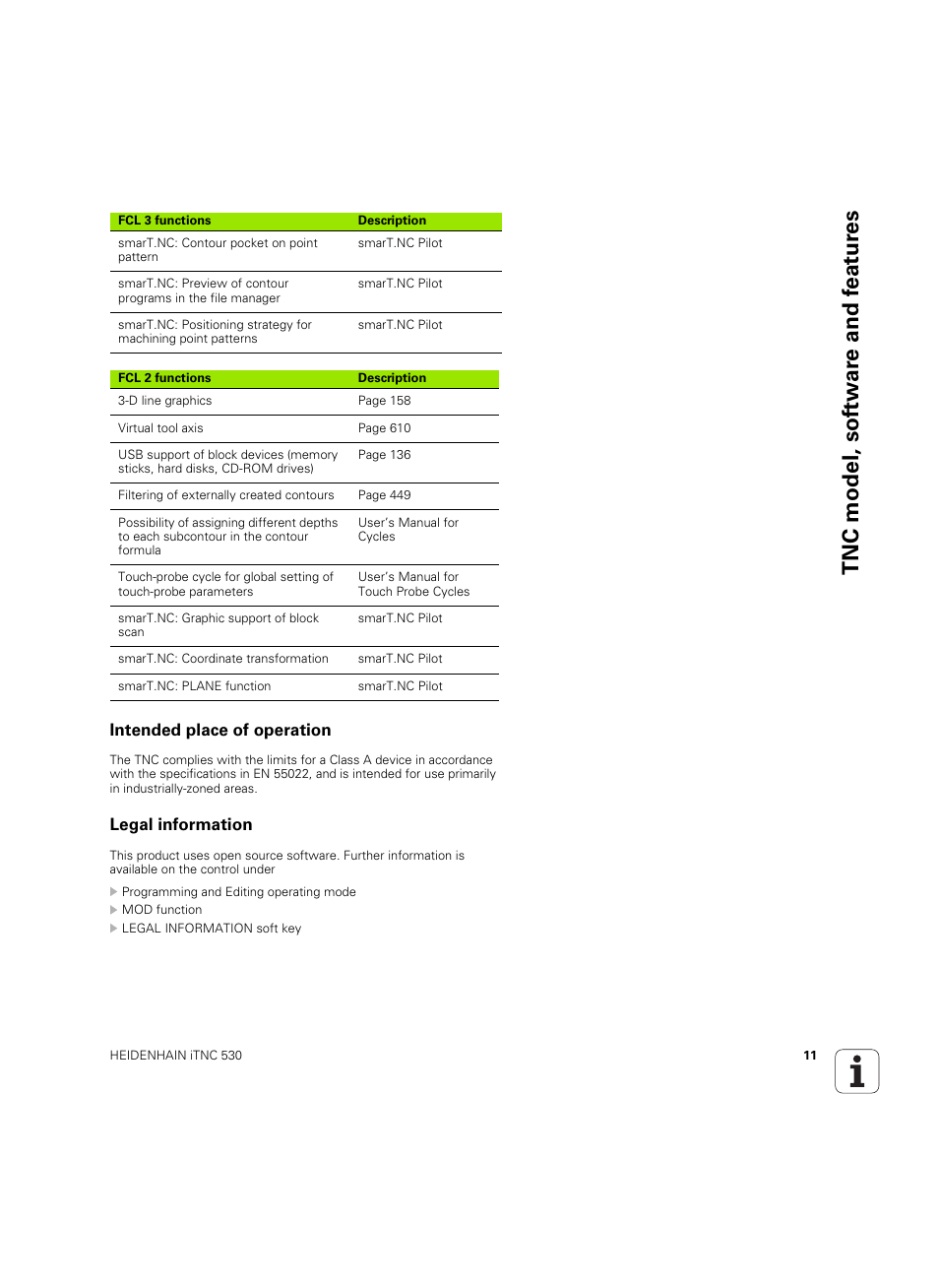 Intended place of operation, Legal information, Tnc model, sof tw a re and f eat ur es | HEIDENHAIN iTNC 530 (60642x-03) User Manual | Page 11 / 735