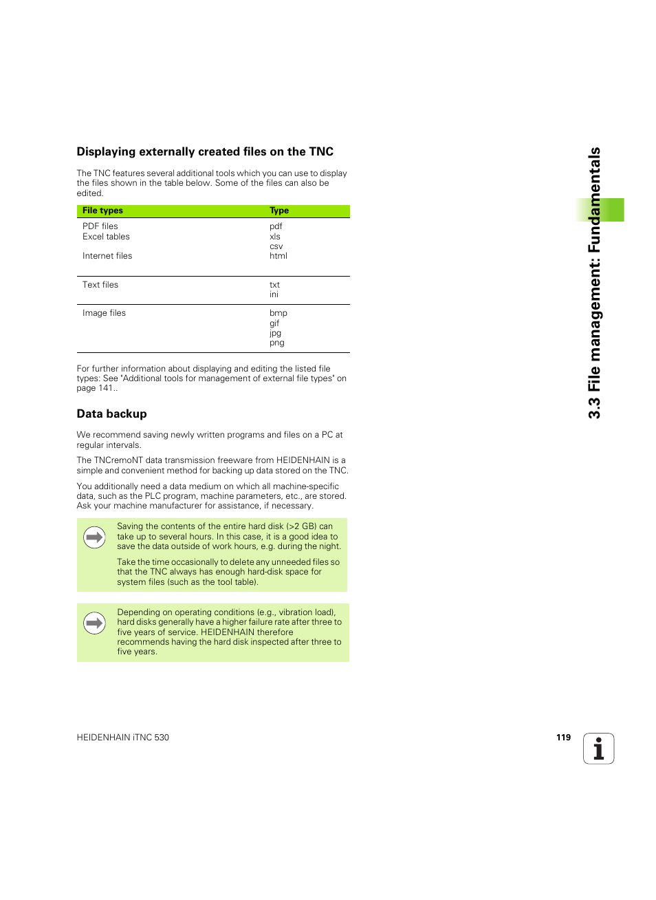Displaying externally created files on the tnc, Data backup, 3 file manag e ment: f undamentals | HEIDENHAIN iTNC 530 (60642x-03) User Manual | Page 119 / 735