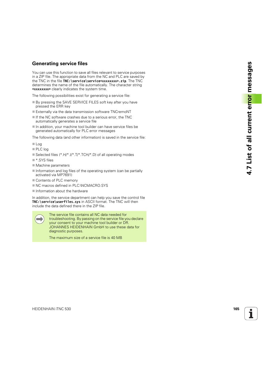 Generating service files, 7 list of all cur rent er ro r messag es | HEIDENHAIN iTNC 530 (60642x-03) User Manual | Page 165 / 735