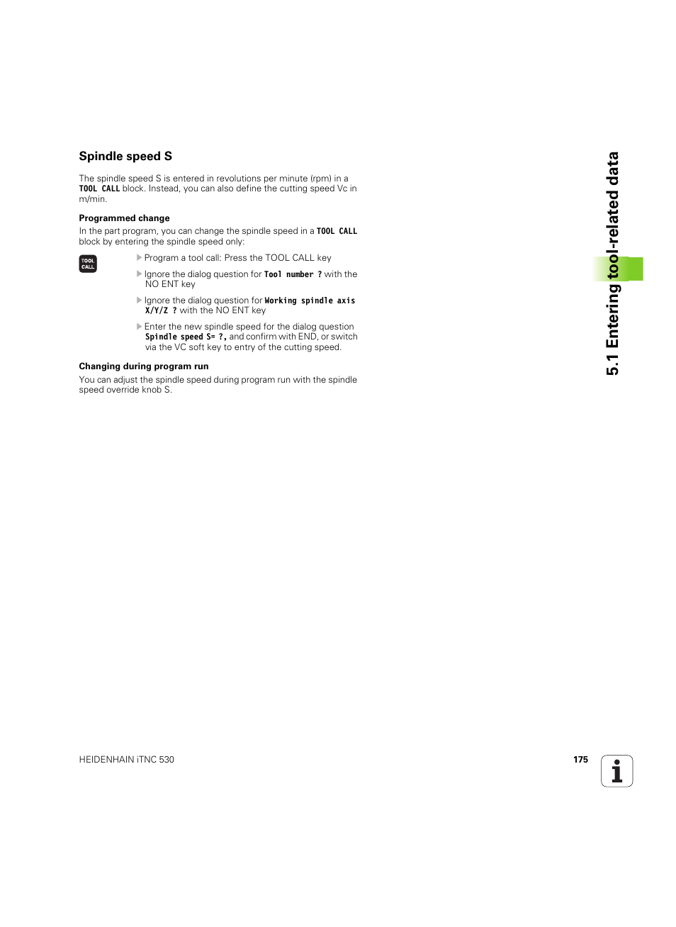 Spindle speed s, 1 ent er ing t o ol-r elat ed data | HEIDENHAIN iTNC 530 (60642x-03) User Manual | Page 175 / 735