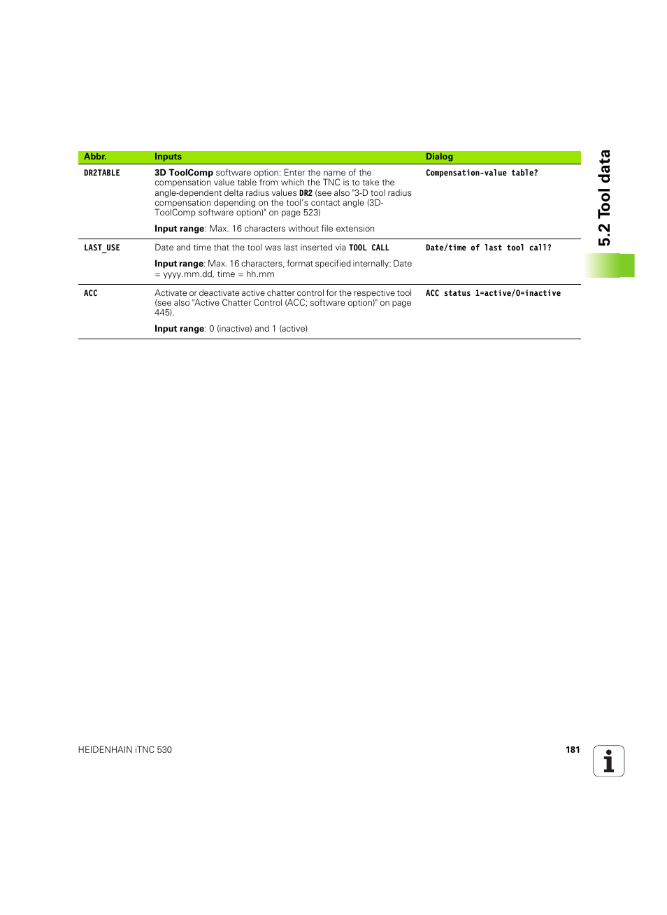 2 t ool data | HEIDENHAIN iTNC 530 (60642x-03) User Manual | Page 181 / 735