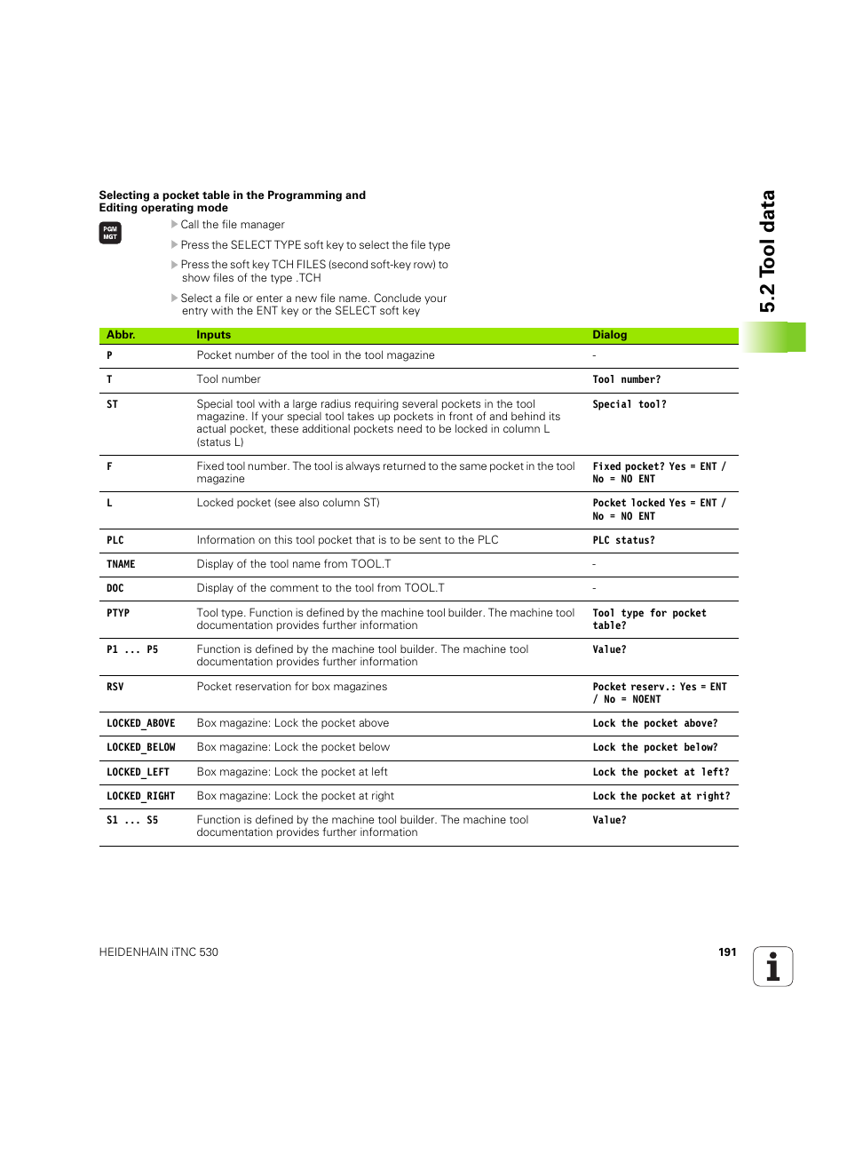 2 t ool data | HEIDENHAIN iTNC 530 (60642x-03) User Manual | Page 191 / 735