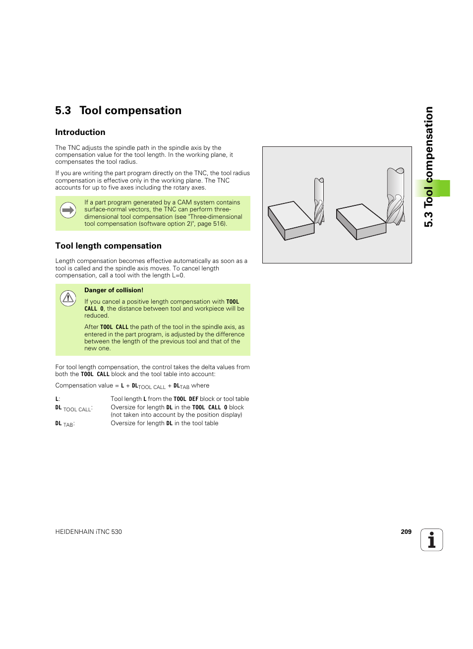 3 tool compensation, Introduction, Tool length compensation | 3 t ool compensation 5.3 tool compensation | HEIDENHAIN iTNC 530 (60642x-03) User Manual | Page 209 / 735