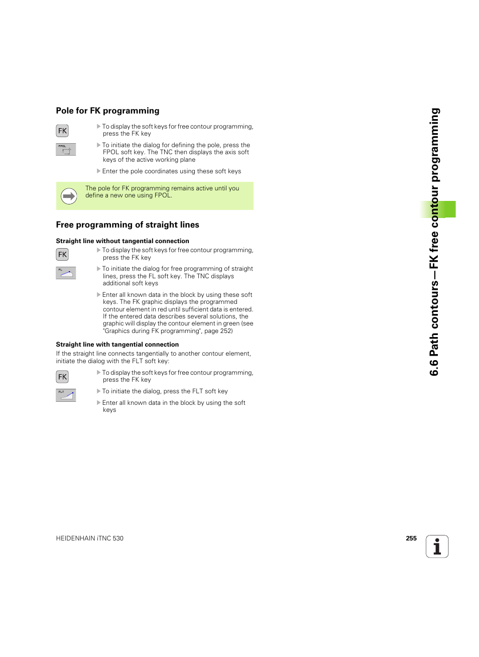 Pole for fk programming, Free programming of straight lines | HEIDENHAIN iTNC 530 (60642x-03) User Manual | Page 255 / 735