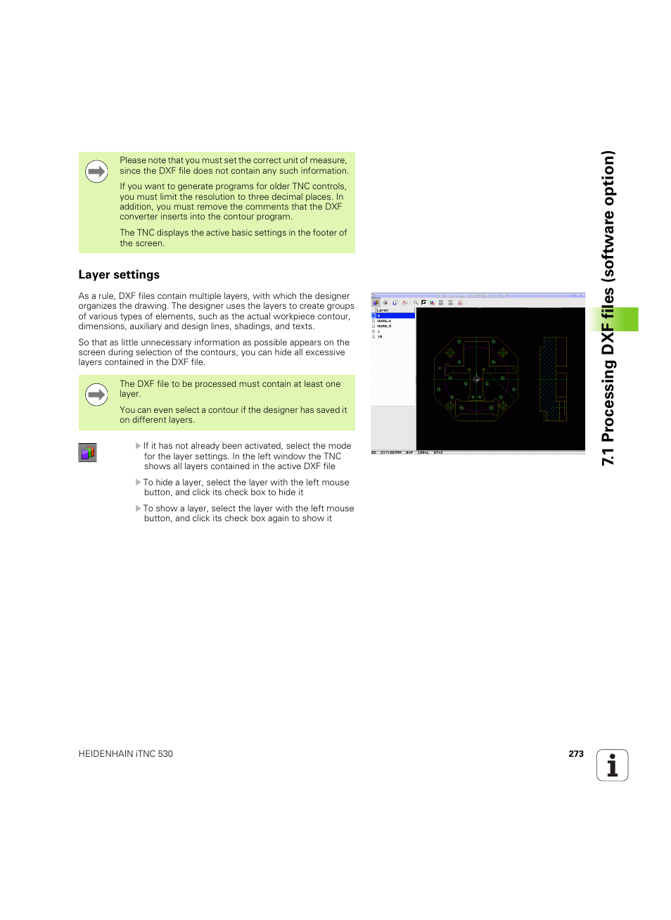 Layer settings, 1 pr ocessing dxf files (sof tw ar e option) | HEIDENHAIN iTNC 530 (60642x-03) User Manual | Page 273 / 735