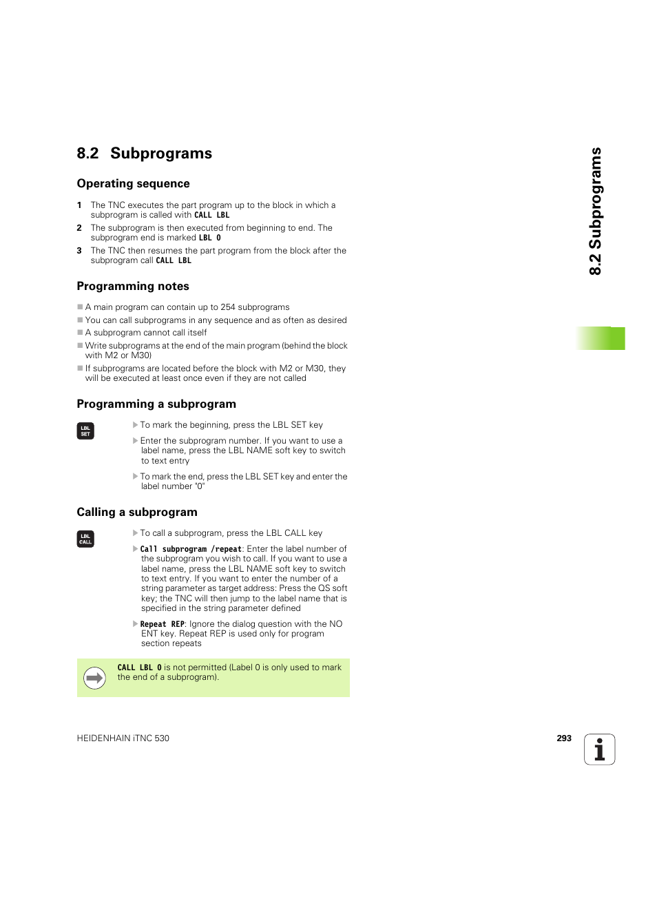 2 subprograms, Operating sequence, Programming notes | Programming a subprogram, Calling a subprogram, 2 subpr ogr a ms 8.2 subprograms | HEIDENHAIN iTNC 530 (60642x-03) User Manual | Page 293 / 735