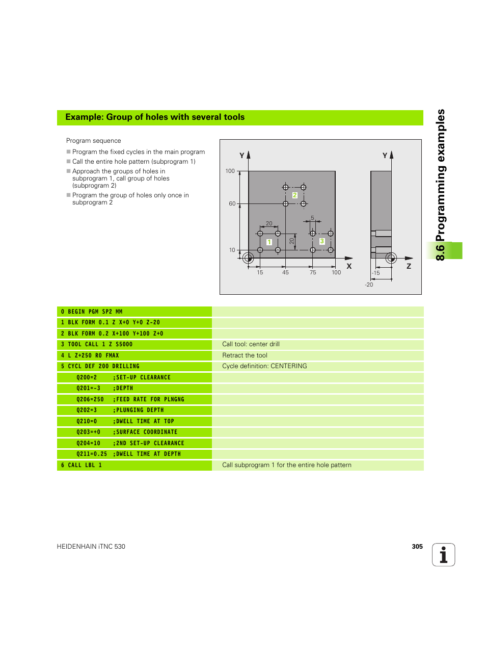 6 pr ogr amming examples, Example: group of holes with several tools | HEIDENHAIN iTNC 530 (60642x-03) User Manual | Page 305 / 735