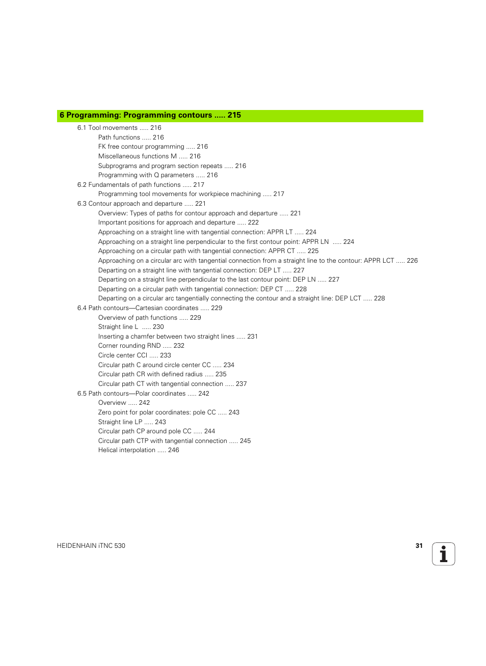 6 programming: programming contours | HEIDENHAIN iTNC 530 (60642x-03) User Manual | Page 31 / 735