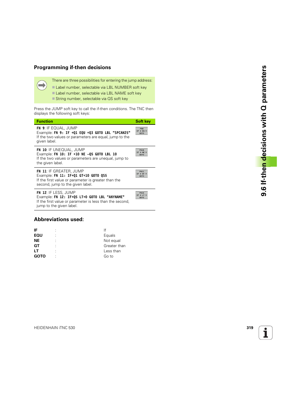 Programming if-then decisions, Abbreviations used, 6 if-then decisions with q p ar amet ers | HEIDENHAIN iTNC 530 (60642x-03) User Manual | Page 319 / 735