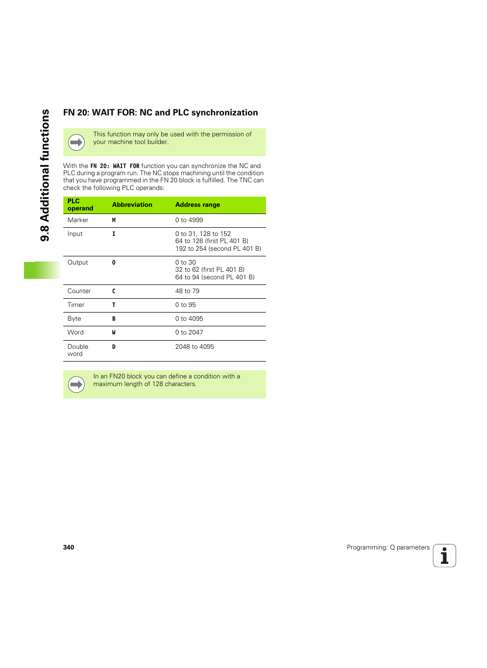 Fn 20: wait for: nc and plc synchronization, 8 a d ditional functions | HEIDENHAIN iTNC 530 (60642x-03) User Manual | Page 340 / 735