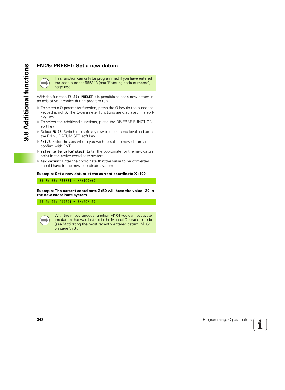 Fn 25: preset: set a new datum, 8 a d ditional functions | HEIDENHAIN iTNC 530 (60642x-03) User Manual | Page 342 / 735
