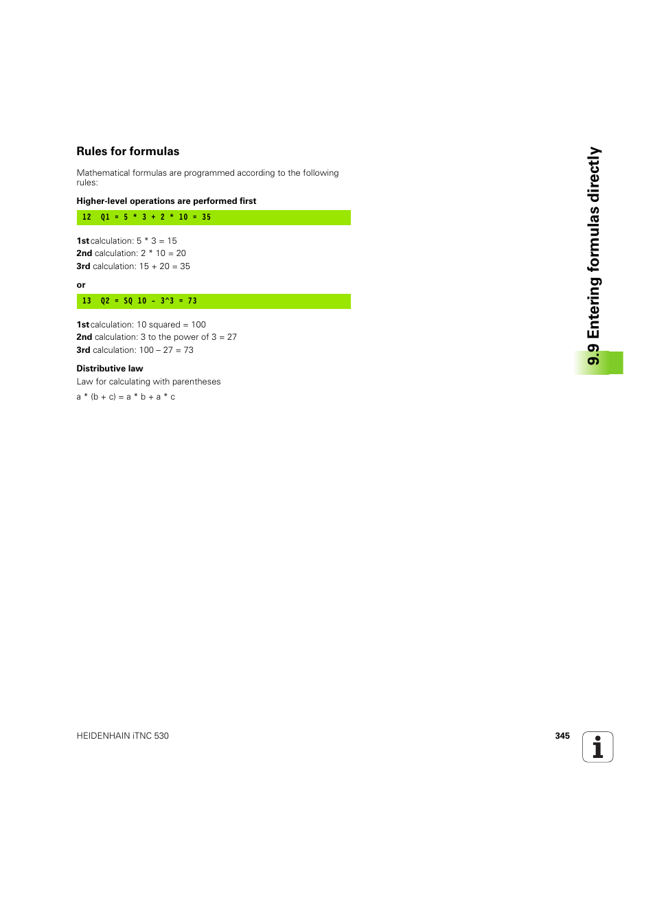 Rules for formulas, 9 ent er ing f o rm ulas dir e ctly | HEIDENHAIN iTNC 530 (60642x-03) User Manual | Page 345 / 735