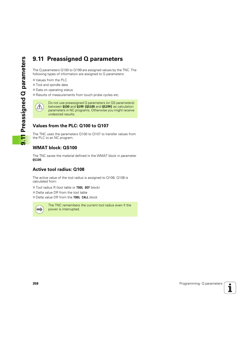 11 preassigned q parameters, Values from the plc: q100 to q107, Wmat block: qs100 | Active tool radius: q108 | HEIDENHAIN iTNC 530 (60642x-03) User Manual | Page 358 / 735