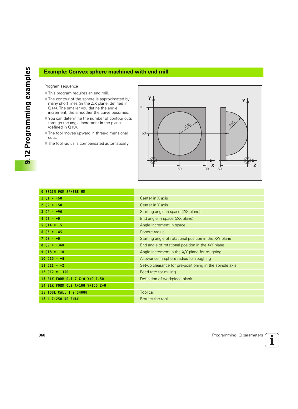 12 pr ogr amming examples, Example: convex sphere machined with end mill | HEIDENHAIN iTNC 530 (60642x-03) User Manual | Page 368 / 735