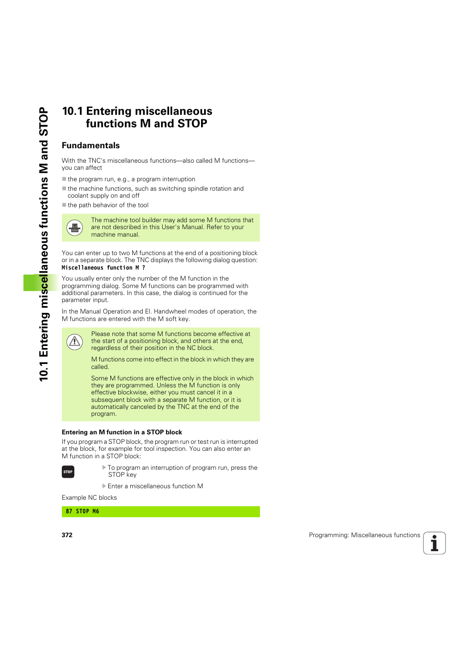 1 entering miscellaneous functions m and stop, Fundamentals | HEIDENHAIN iTNC 530 (60642x-03) User Manual | Page 372 / 735