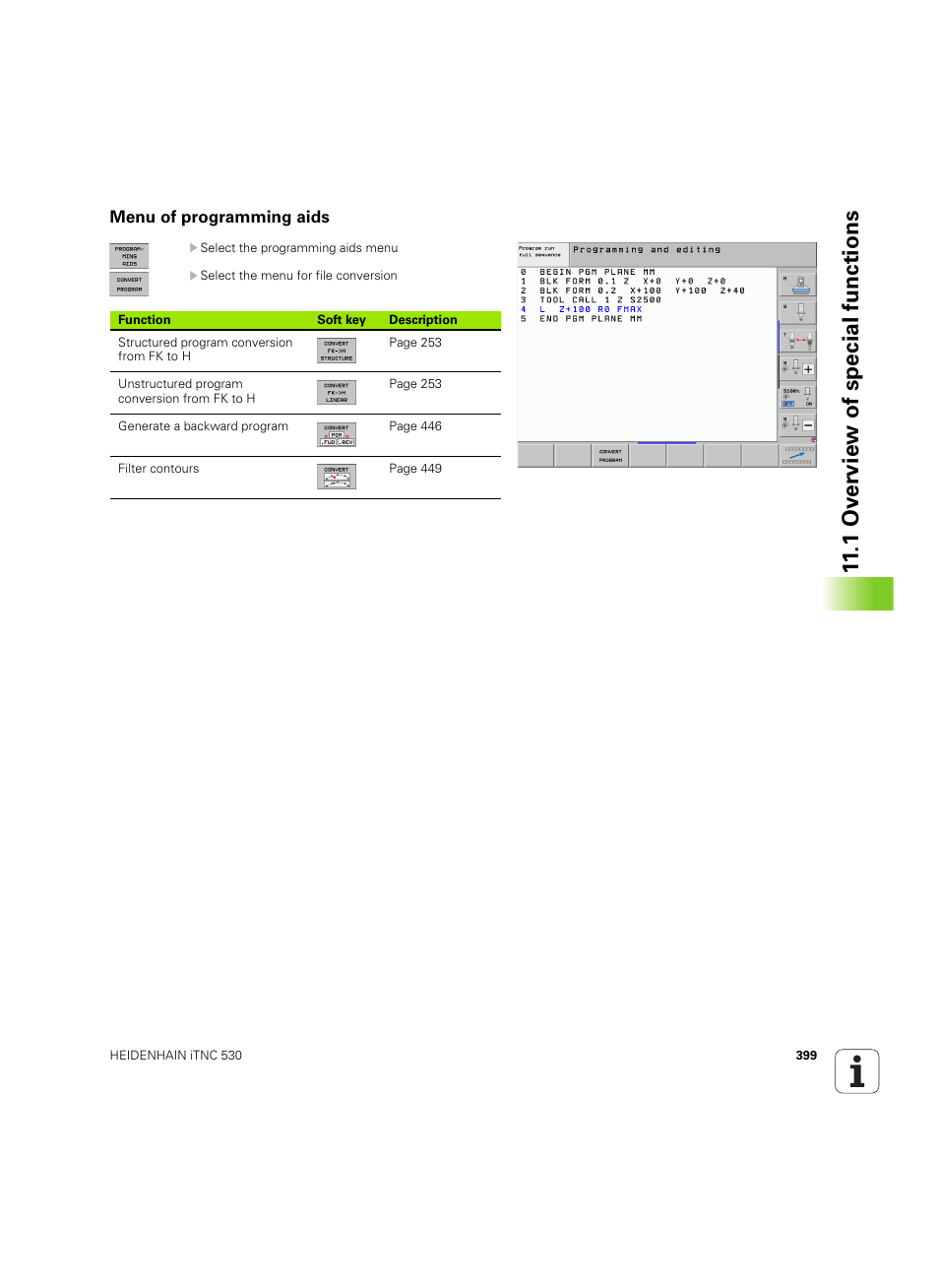 Menu of programming aids, 1 ov erview of special functions | HEIDENHAIN iTNC 530 (60642x-03) User Manual | Page 399 / 735
