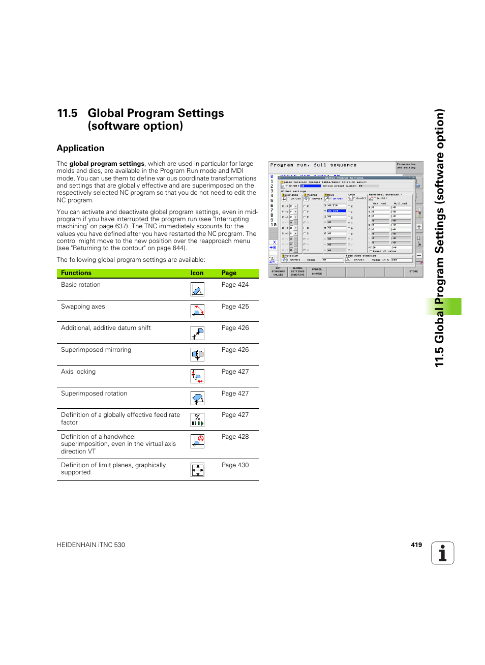 5 global program settings (software option), Application | HEIDENHAIN iTNC 530 (60642x-03) User Manual | Page 419 / 735