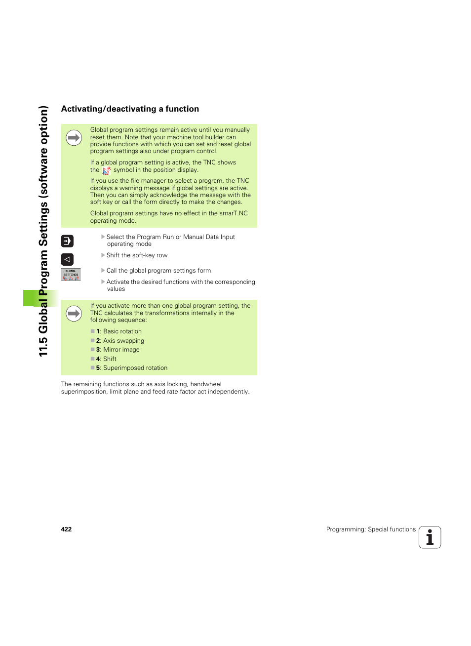 Activating/deactivating a function, 5 global pr ogr a m set tings (sof tw ar e option) | HEIDENHAIN iTNC 530 (60642x-03) User Manual | Page 422 / 735