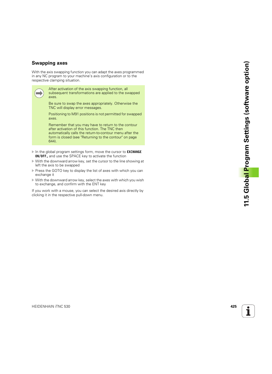 Swapping axes, 5 global pr ogr a m set tings (sof tw ar e option) | HEIDENHAIN iTNC 530 (60642x-03) User Manual | Page 425 / 735