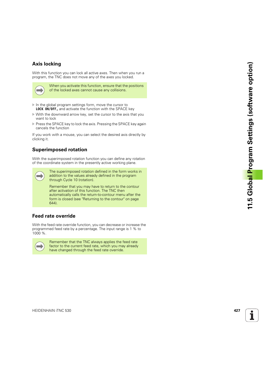 Axis locking, Superimposed rotation, Feed rate override | 5 global pr ogr a m set tings (sof tw ar e option) | HEIDENHAIN iTNC 530 (60642x-03) User Manual | Page 427 / 735