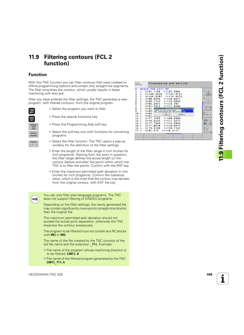 9 filtering contours (fcl 2 function), Function | HEIDENHAIN iTNC 530 (60642x-03) User Manual | Page 449 / 735