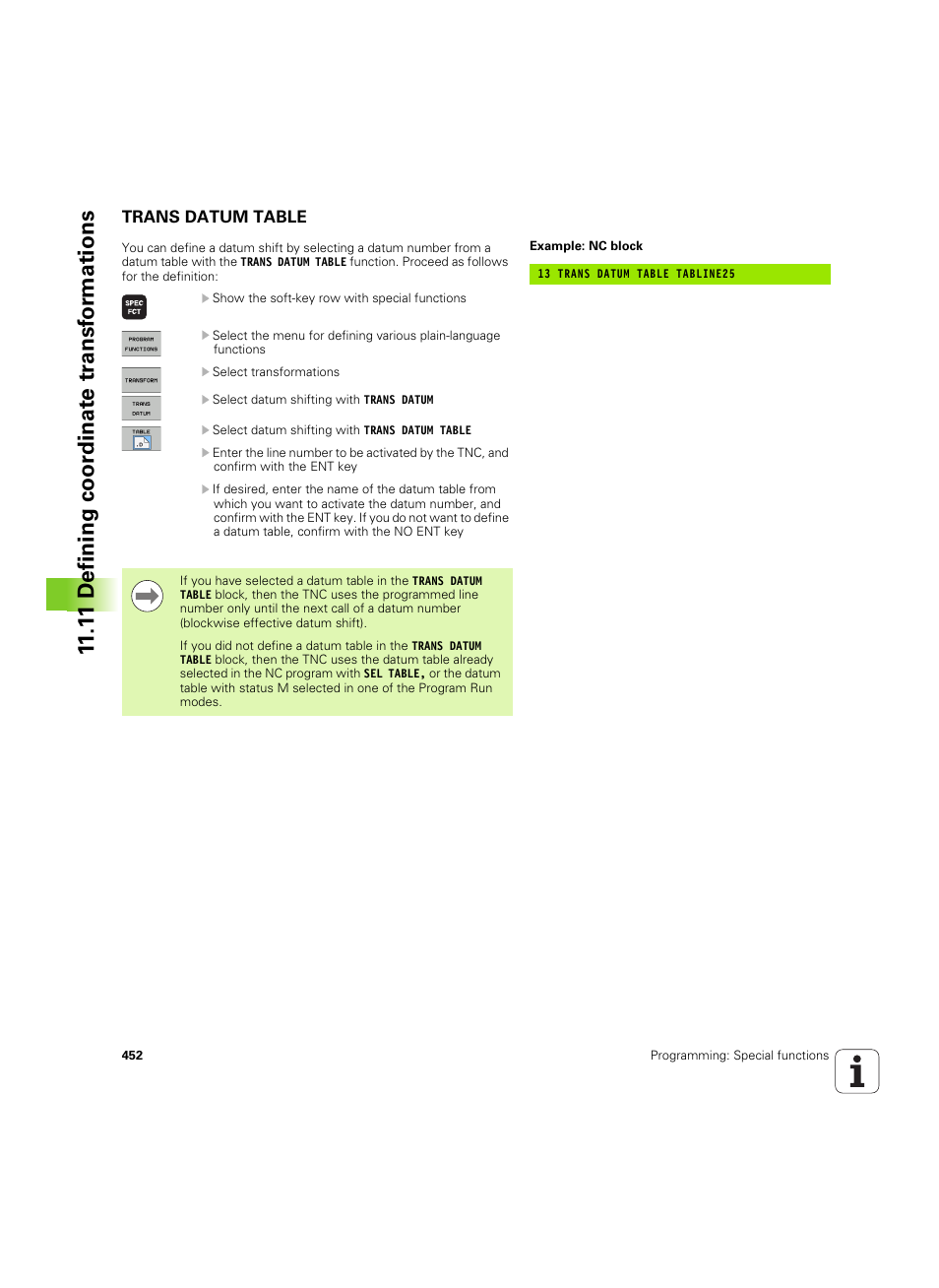 Trans datum table, 1 1 defining coor dinat e tr ansf or mations | HEIDENHAIN iTNC 530 (60642x-03) User Manual | Page 452 / 735
