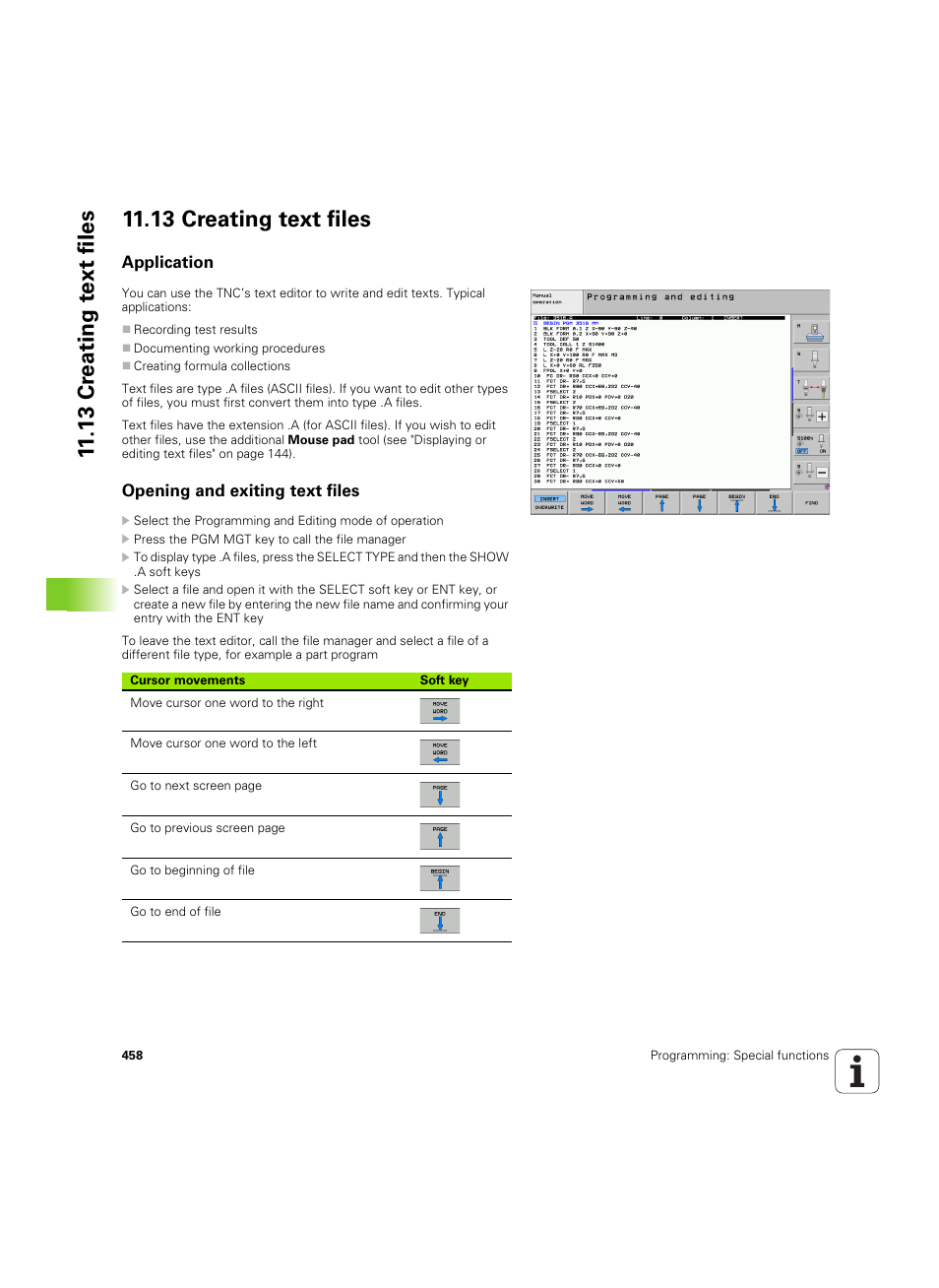 13 creating text files, Application, Opening and exiting text files | HEIDENHAIN iTNC 530 (60642x-03) User Manual | Page 458 / 735