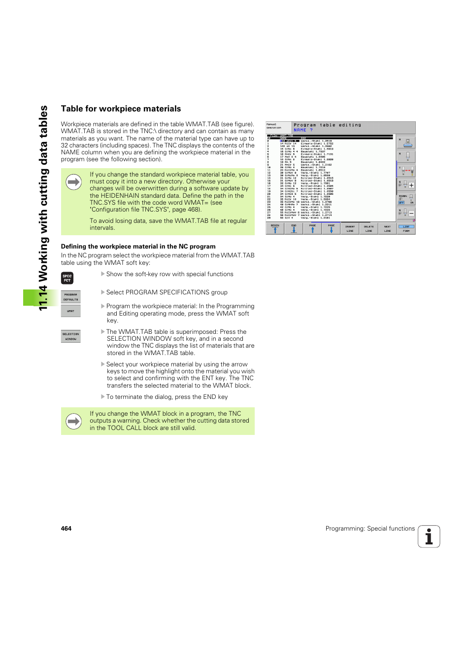 Table for workpiece materials, 14 w o rk ing with cut ting data tables | HEIDENHAIN iTNC 530 (60642x-03) User Manual | Page 464 / 735