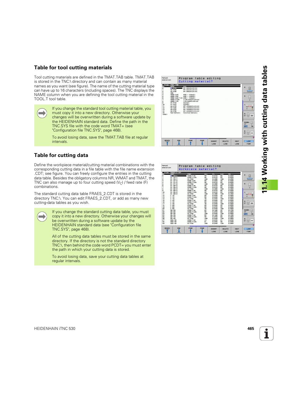 Table for tool cutting materials, Table for cutting data, 14 w o rk ing with cut ting data tables | HEIDENHAIN iTNC 530 (60642x-03) User Manual | Page 465 / 735